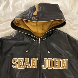 Sean John Black and Gold Hooded Leather Jacket